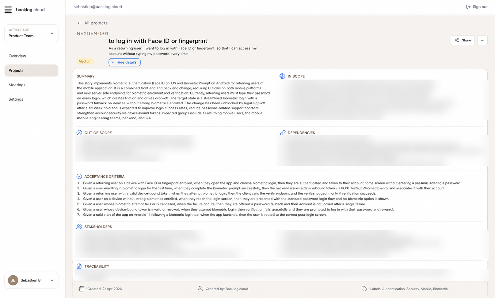 A generated user story